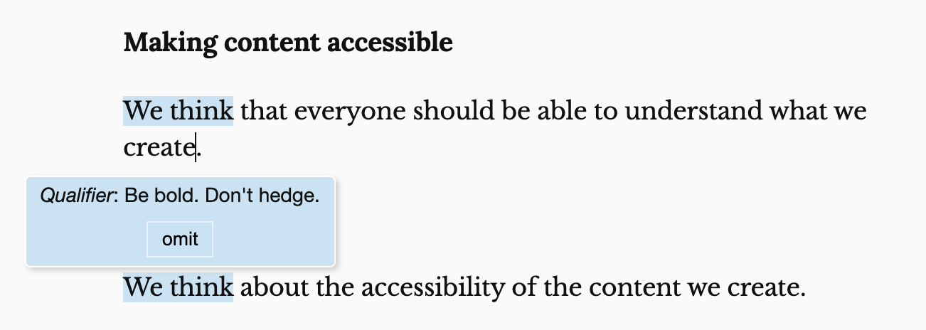 Hemingway markup suggesting that the user remove the words ‘we think’.